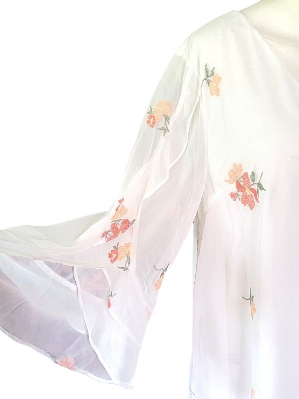 Loveriche Womens Mini Shift Dress LG White Pink Embroidered Floral Sheer Sleeve - Picture 9 of 13